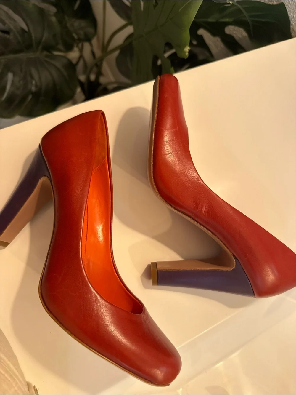 Elie Tahari Luxe Burnt Orange Harper Leather Pumps with Purple Accent $398